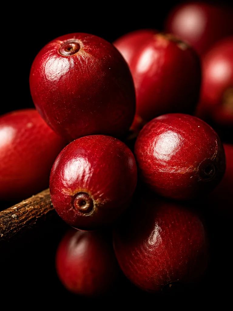 Ripe red coffee cherries on the branch