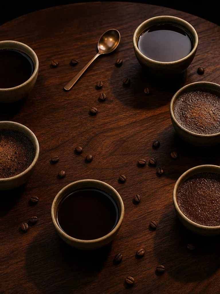 Cupping table with bowls and spoons