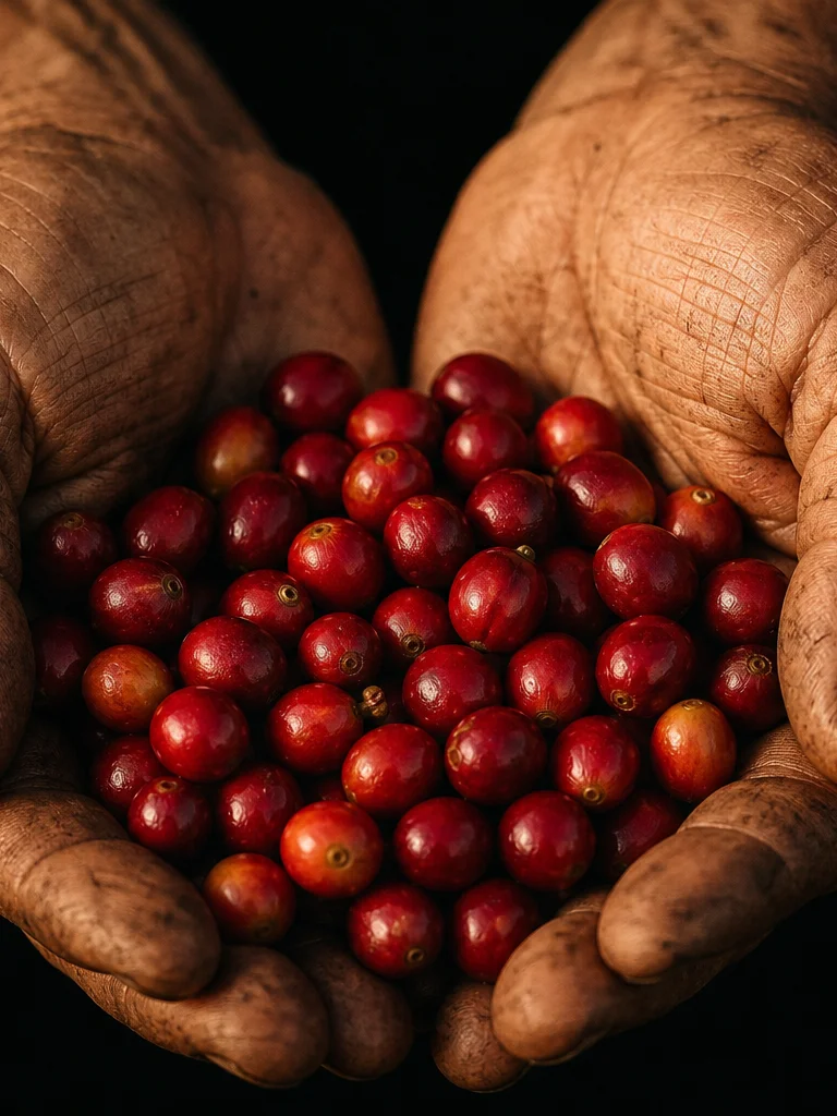 Hands holding freshly picked coffee cherries