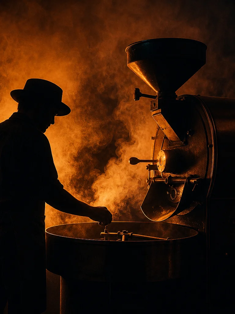 Silhouette of a roaster operator in ember-orange smoke beside the drum roaster