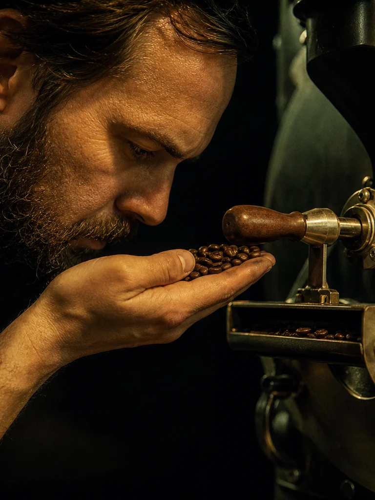 Roastmaster inspecting beans at the trier door