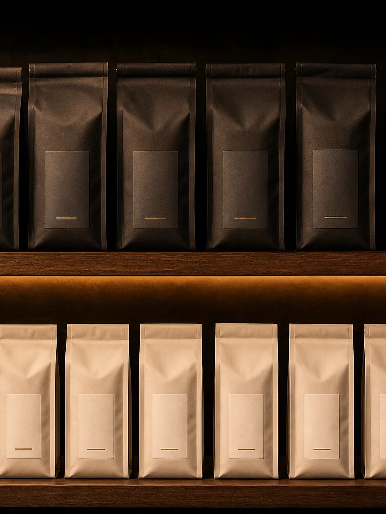Café shelf stocked with coffee bags